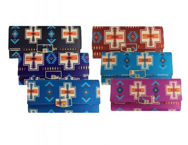 Aztec print zippered wallet with button closure